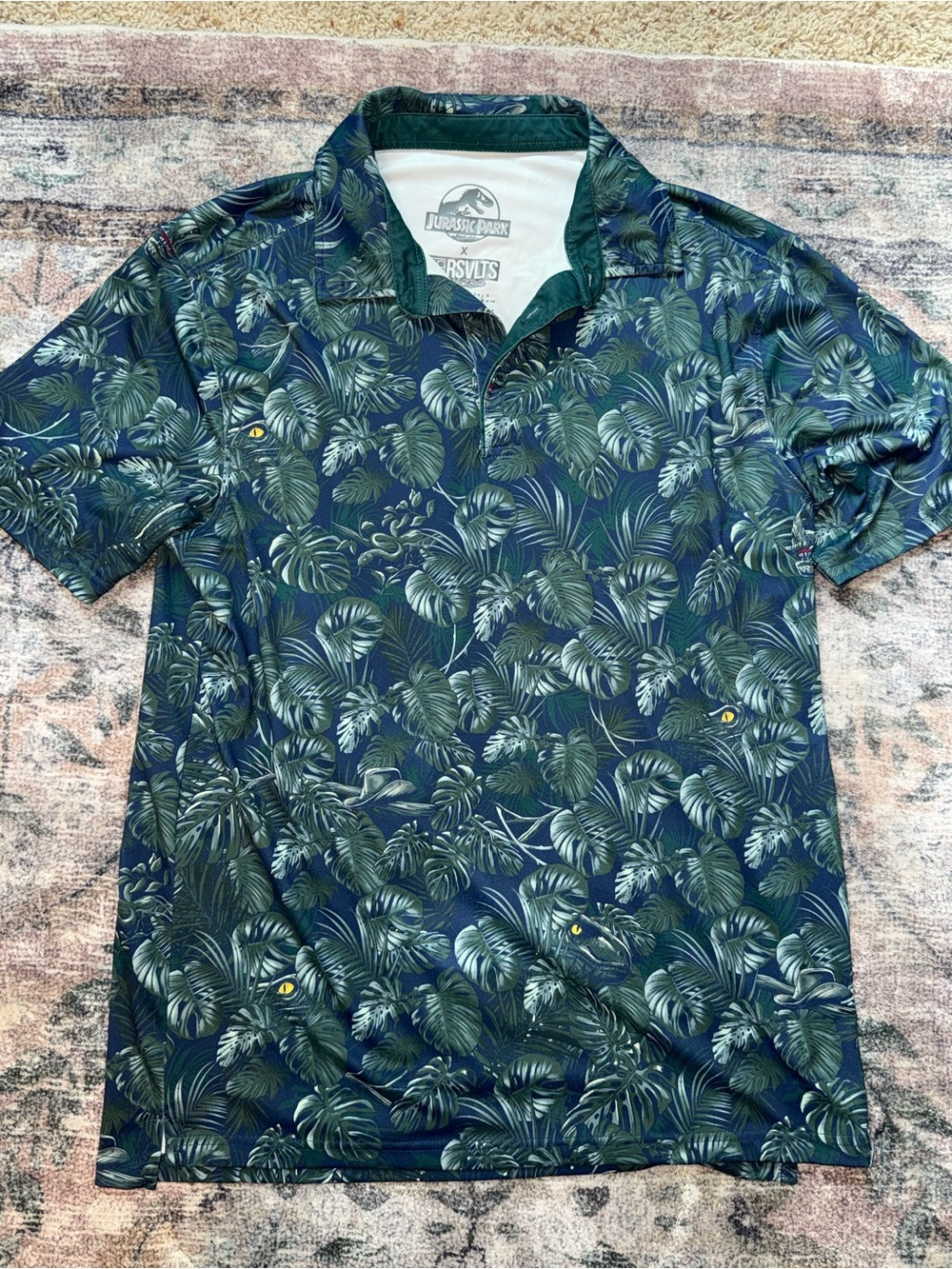 RSVLTS Men's Navy Green Tropical Leaf Polo